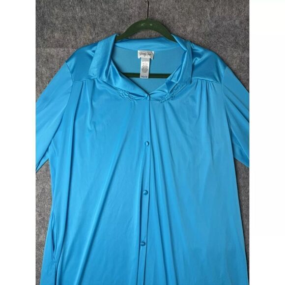 Vanity Fair Pajama Top Women's Large Aqua Blue 100% Nylon Pockets Button Front - Picture 2 of 7